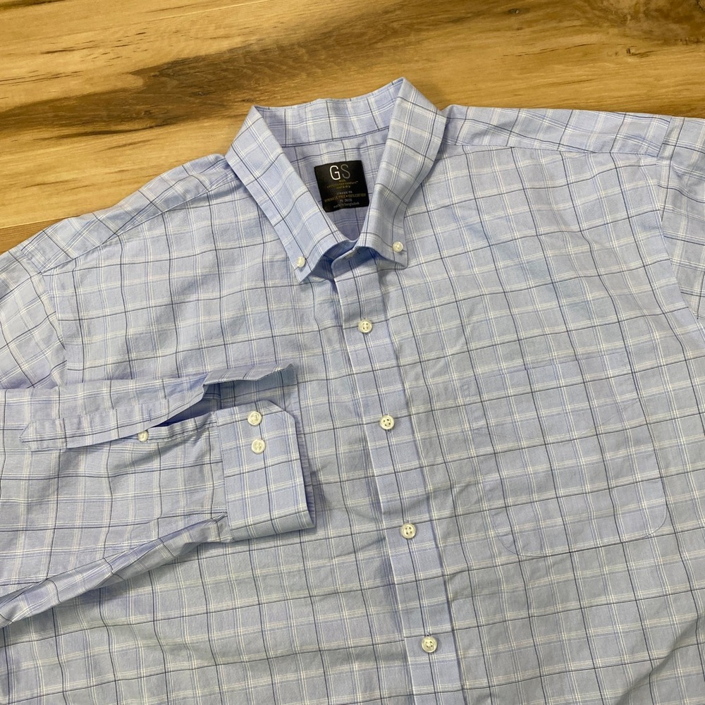 GS Button Down Shirt 19 34/35 Plaid Long Sleeve 100% Cotton Classic Fit Blue